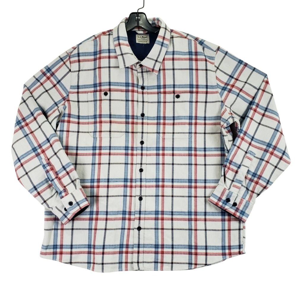L.L. Bean STY506448 Button Down Mens XL White Plaid Flannel Heritage Cabin Y2K